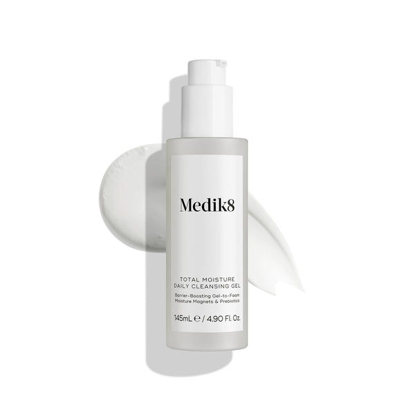 Medik8 Total Moisture Daily Cleansing Gel packshot displayed against a clean white background, highlighting the product bottle and minimalist packaging