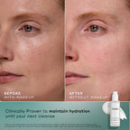 Side-by-side before and after images of a woman’s face showing improvement in hydration and skin clarity, alongside product and supporting claim text