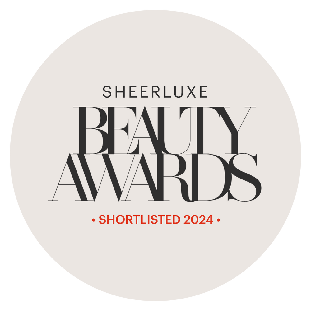 SheerLuxe Beauty Awards 2024 shortlisted badge on a white background