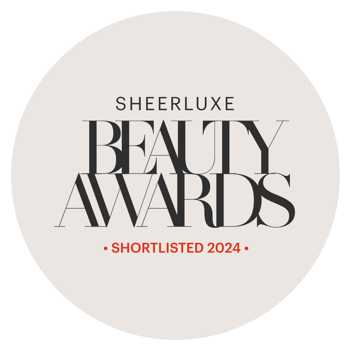 SheerLuxe Beauty Awards 2024 shortlisted badge on a white background