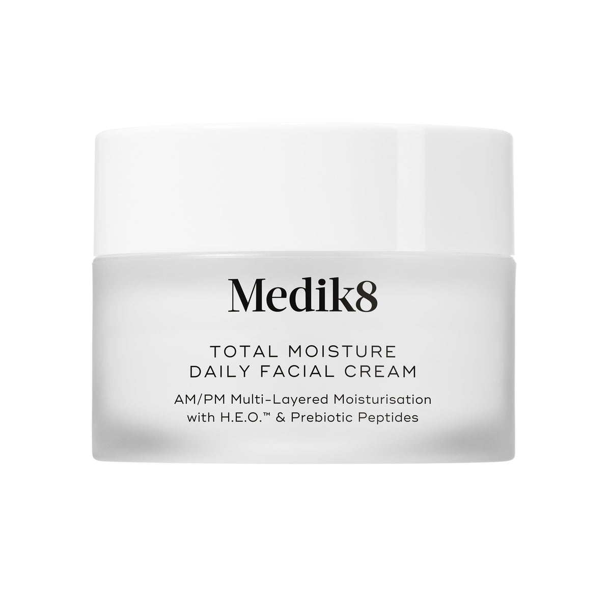 A travel-sized 12.5mL frosted jar of Medik8 Total Moisture Daily Facial Cream standing next to its white cardboard carton. The products are displayed on a textured grey surface against a clean white background. Text on both reads: "AM/PM Multi-Layered Moisturisation with H.E.O.™ & Prebiotic Peptides."