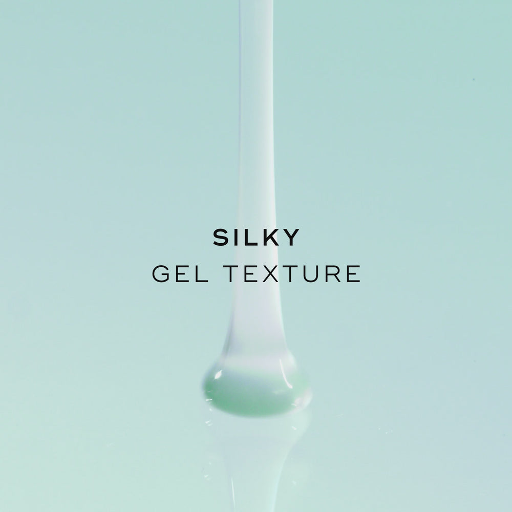 Silky gel texture. The animation shows a thick, translucent teal gel pouring down into a smooth pool.