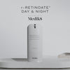 A video features the Medik8 r-Retinoate® Day & Night airless pump bottle. Text says "GROUNDBREAKING 3 IN 1 LUXE SERUM" that stimulates collagen and skin cell turnover with stabilized vitamin C and multi-weight hyaluronic acid. It claims to be "8X MORE POWERFUL THAN STANDARD RETINOL*," yet "POWERFUL YET GENTLE, EVEN ON SENSITIVE SKIN." The video shows application on a hand, confirms use "both morning & night," promises visibly reduced lines and wrinkles, and suggests pairing with r-Retinoate Day & Night Eye.