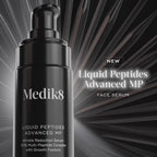 Medik8 Liquid Peptides Advanced MP serum bottle stands against a dark, radial-patterned background. The video transitions to show a close-up of the serum being applied to a participant's cheek. Before and after images highlight clinically proven results in 10 minutes and 8 weeks, showing a visible reduction in expression lines and deep-set wrinkles. A graphic illustration of the  Dual MiniProtein  technology shows growth factors penetrating skin cells to visibly plump and firm. The video concludes with the 