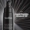 Medik8 Liquid Peptides Advanced MP serum bottle stands against a dark, radial-patterned background. The video transitions to show a close-up of the serum being applied to a participant's cheek. Before and after images highlight clinically proven results in 10 minutes and 8 weeks, showing a visible reduction in expression lines and deep-set wrinkles. A graphic illustration of the  Dual MiniProtein  technology shows growth factors penetrating skin cells to visibly plump and firm. The video concludes with the 
