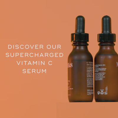 Promotional video for Medik8 C-Tetra Luxe serum showing a mature woman smiling and applying the product. Text highlights it has "2X MORE VITAMIN C" than the original C-Tetra and is clinically proven to instantly boost radiance while visibly reducing wrinkles and dark spots. Ingredients listed include 14% Tetrahexyldecyl Ascorbate, Squalane, Maracuja Oil, and Red Ginseng. Instructions advise morning application followed by sunscreen.